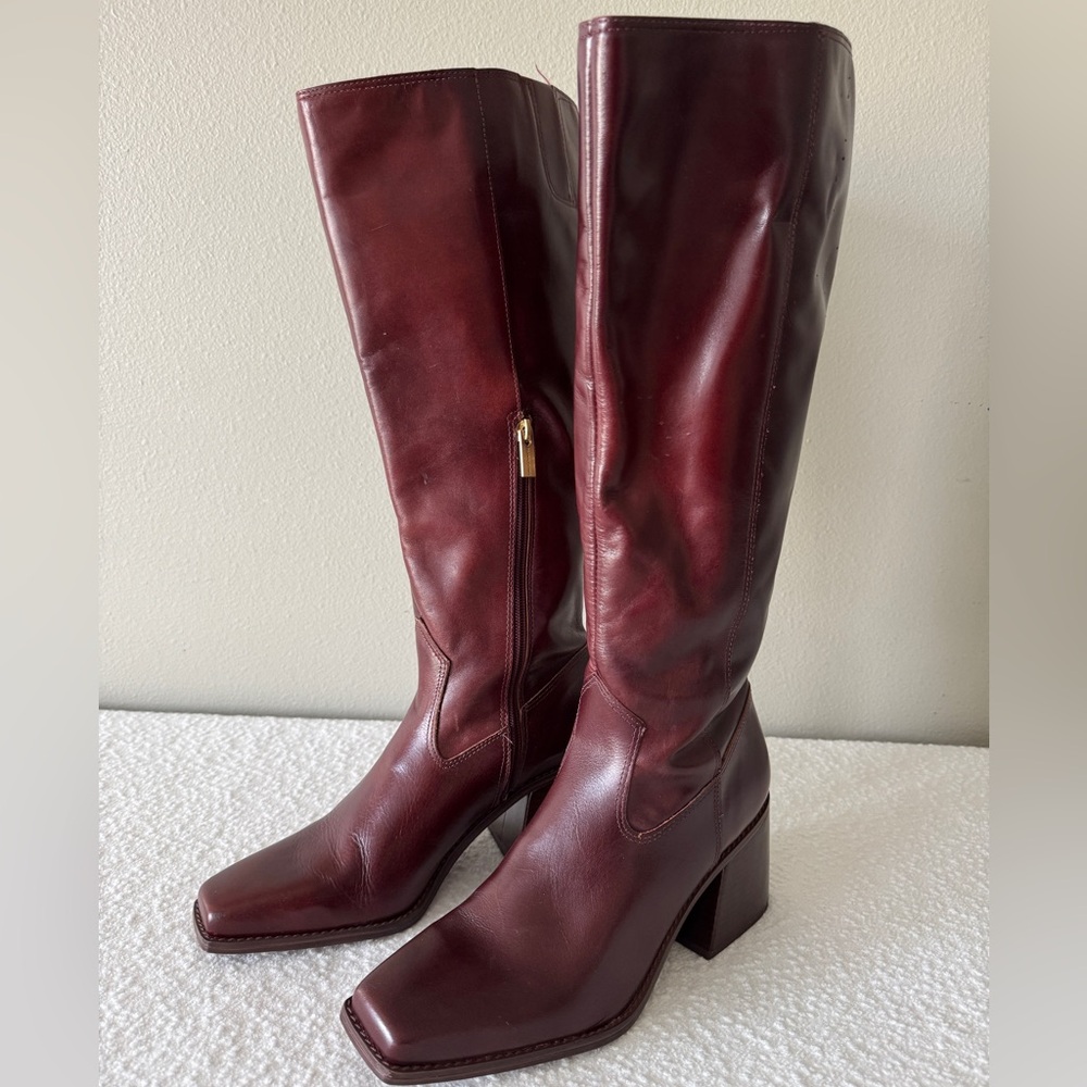 Vince Camuto Sangeti Knee High Leather Boots 10M Wide Calf Mahogany !Flawed!